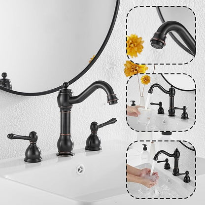 GGStudy 2 Handles 3 Holes Faucet Widespread Bathroom Sink Faucet Basin Tap Mixer Supply Hose Included Matching Pop Up Drain Oil Rubbed Bronze
