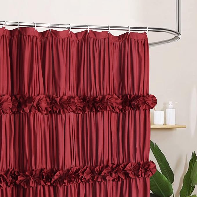 Homechoice Decor Burgundy Ruffle Shower Curtain, Vintage Handcrafted Bow Tie Bath Curtain for Master Bathroom, Ruched Microfiber Bathroom Curtain with 12 Buttonholes, 72" W x 72" H (LQ-10)