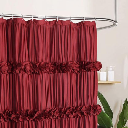 Homechoice Decor Burgundy Ruffle Shower Curtain, Vintage Handcrafted Bow Tie Bath Curtain for Master Bathroom, Ruched Microfiber Bathroom Curtain with 12 Buttonholes, 72" W x 72" H (LQ-10)