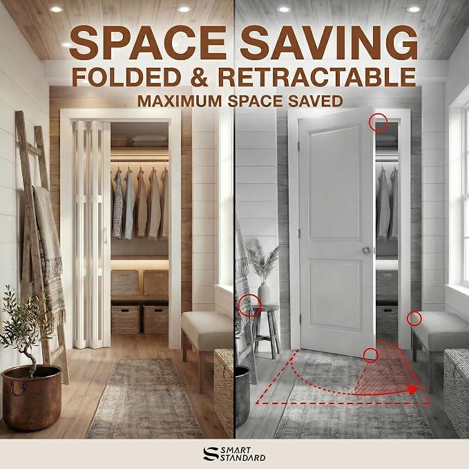 SmartStandard 48" x 80" Accordion Doors with Frosted Acrylic Glass, White | Save Space, Full-Side Magnetic Strip, Double-Layer PVC Accordion Doors Interior for Doorway Closet, Easy to Assemble