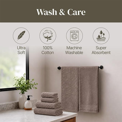 Modern Threads 6 Piece Cotton Bath Towel Set – Ultra Soft 550 GSM Towels – Bathroom Set with Hand Towels and Washcloths – Geometric (Classic Taupe)