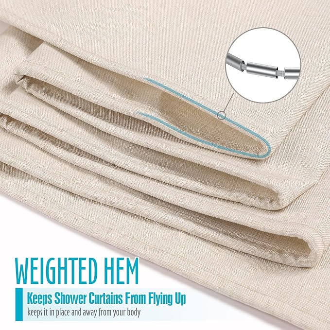 Ga-Geetopia Extra Long Linen Textured Shower Curtain Set with Hooks, Beige Boho Farmhouse Bath Shower Curtains for Bathroom Neutral Cloth, Hotel Luxury, Weighted, 72W x 80L, Cream