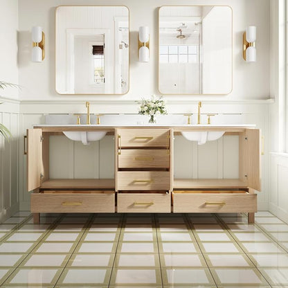 80-Inch Bathroom Vanity with Sink, 4 Soft-Close Doors and 6 Soft-Close Drawers, Bathroom Freestanding Vanity with Cultured Marble Countertop, Oak Vanity W/Gold Handles