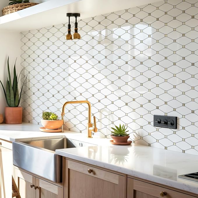 STICKGOO 1 Sheet Peel and Stick Backsplash, Glossy White PVC Mixed Metal Gold Kitchen Backsplash, Stick on Wall Tiles for Kitchen, Bathroom, RV