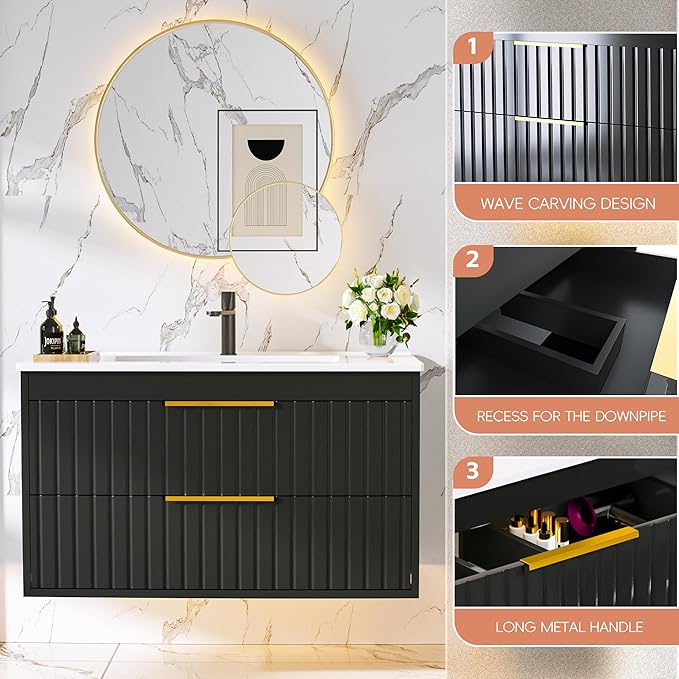30" Bathroom Vanity with Sink, Floating Vanity Bathroom Sink Cabinet Wall Mount, Soft-Close Function 2 Large Drawers, Grooved Stripe Design, Hidden Damping Drawers, Black