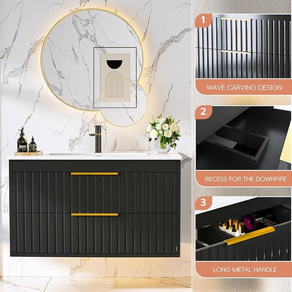 30" Bathroom Vanity with Sink, Floating Vanity Bathroom Sink Cabinet Wall Mount, Soft-Close Function 2 Large Drawers, Grooved Stripe Design, Hidden Damping Drawers, Black