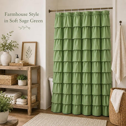 Green Ruffle Shower Curtain for Bathroom, 36x72 inch, 1 Panel, 6ft | Elegant Ruffled Drape, Cottagecore Bathroom Style, Shabby Chic Ruffles, 36 x 72, 12 Hooks Included, Machine Washable, Cloth