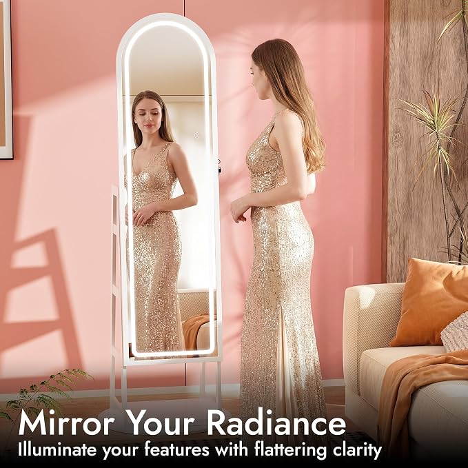 Zamilidon Full Length Mirror LED Lockable White Standing Jewelry Armoire | Secure lock design, multi-layer jewelry compartment, soft dimmable lighting, space-saving floor layout