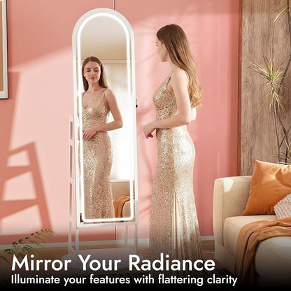 Zamilidon Full Length Mirror LED Lockable White Standing Jewelry Armoire | Secure lock design, multi-layer jewelry compartment, soft dimmable lighting, space-saving floor layout