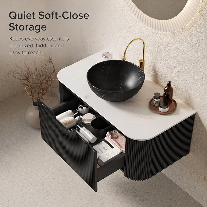 36 Inch Bathroom Vanity with Sink, Floating Wall Mounted Single Sink Vanity, Black Curved Fluted Front, Stone Top, Black Marble Vessel Basin, Pre-Assembled