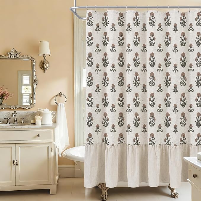 ORTIGIA Linen Textured Ruffle Shower Curtain with Metal Hooks, Vintage Terracotta Brown Floral Block Print Boho Waterproof Bath Curtain for Rustic Farmhouse Bathroom Decor 72x72 Inch
