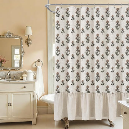 ORTIGIA Linen Textured Ruffle Shower Curtain with Metal Hooks, Vintage Terracotta Brown Floral Block Print Boho Waterproof Bath Curtain for Rustic Farmhouse Bathroom Decor 72x72 Inch