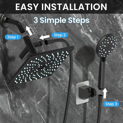 Veken Multi-Function Rain Shower Head with Handheld, High Pressure, Square | Rainfall Showerhead, Dual shower heads Combo, 5-mode Detachable Hand Held Spray with Hose, regaderas para shower, Matte Black