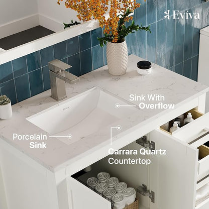 London 36 Inch Bathroom Vanity With Sink - White Single Sink Bathroom Vanity - 36 In Bathroom Vanities & Stylish Bathroom Sink Cabinet With Quartz Countertop & Porcelain Sink For Optimal Storage
