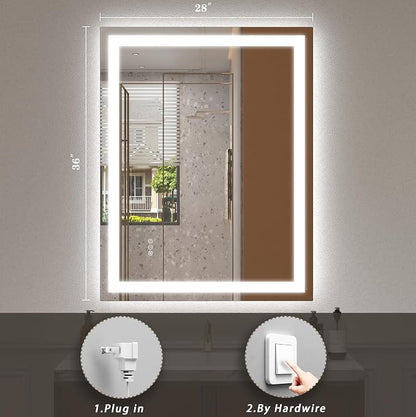 28x36 LED Lighted Bathroom Mirror for Vanity Wall | Front Light and Backlit, Anti-Fog, Memory, 3 Color, Tempered Glass, Dimmable, Rectangular, UL, Horizontal/ Vertical Mounted