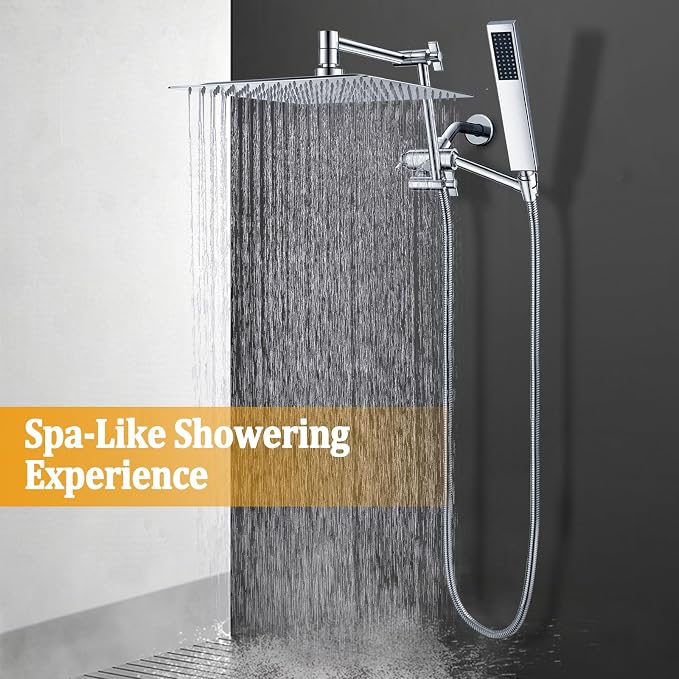 All Metal 12" Rainfall Shower Head with Handheld Spray Combo, High Pressure Rain Shower Heads with Adjustable Extension Arm, Wide Dual Waterfall Showerhead, Extra Long Shower Hose - Polished Chrome