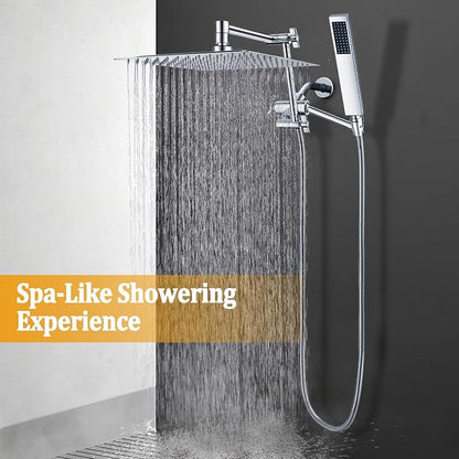 All Metal 12" Rainfall Shower Head with Handheld Spray Combo, High Pressure Rain Shower Heads with Adjustable Extension Arm, Wide Dual Waterfall Showerhead, Extra Long Shower Hose - Polished Chrome