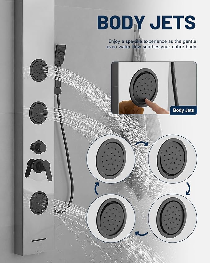 Homevacious 5 In 1 Shower Panel Brushed Nickel Shower Tower System with Rainfall Waterfall Shower Head 3 Body Jets Handheld Shower Head and Tub Spout Modern Massage Shower System