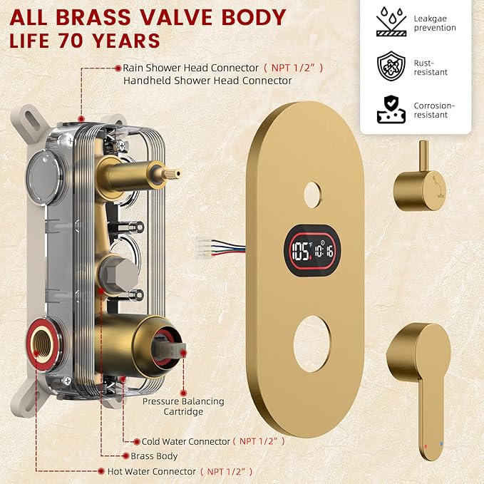Round Shower Faucet Set with Hydro Power Temperature Display, Shower System Bathroom 12 Inch Shower Head with Handheld Spray, Wall Mounted Shower Fixtures with Shower Valve and Trim Kit, Brushed Gold