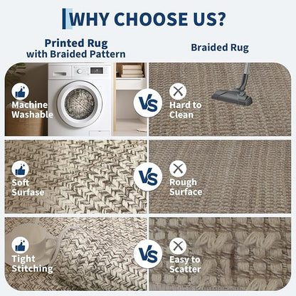 Imitation Braided Collection-Print Washable Area Rug 3x5 Scalloped Entryway Rug with Non Slip Rubber Backing, Farmhouse Soft Low Pile Rustic Accent Rug for Living Room Bedroom Playroom