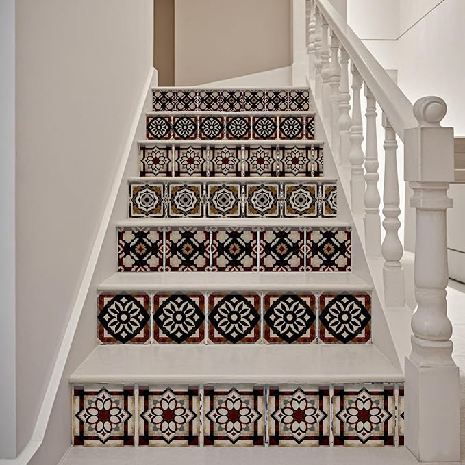 36 Pcs 4 Style Tile Stickers Brown Patterns Peel and Stick Black Patterns Wall Tile Stickers Waterproof Self Adhesive Geometric Stick on Tiles Decals for Kitchen Wall Art Decor, 4×4 Inch