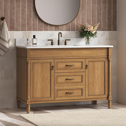 48 Inch Bathroom Vanity with Sink Combo, Classic Bathroom Cabinet with Countertop & Backsplash, Solid Wood Vanity with Soft Closing Doors & Dovetail Drawers, Ceramic Sink, Light Walnut