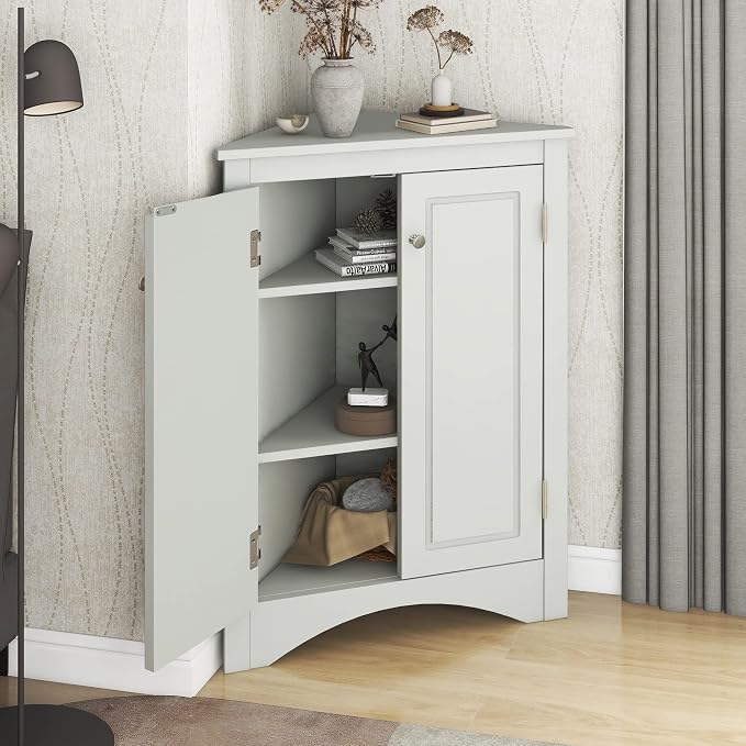 Corner Storage Cabinet with Two Doors for Bathroom, Living Room or Kitchen, Adjustable Shelf, Freestanding Floor Space Saver, Gray