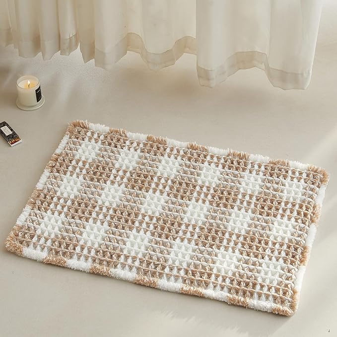 TYUU Waffle Bath Mat, Small Boho Bathroom Rugs Non Slip 24x16 Khaki & White | Super Absorbent Quick Dry Bath Rug, Non-Slip Backing, Soft Waffle Washable Farmhouse Bathroom Mats, Tub, Shower & Home Decor
