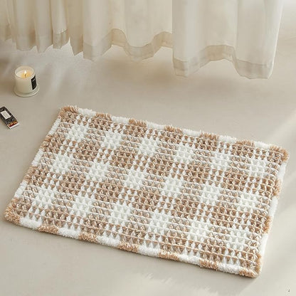 TYUU Waffle Bath Mat, Small Boho Bathroom Rugs Non Slip 24x16 Khaki & White | Super Absorbent Quick Dry Bath Rug, Non-Slip Backing, Soft Waffle Washable Farmhouse Bathroom Mats, Tub, Shower & Home Decor