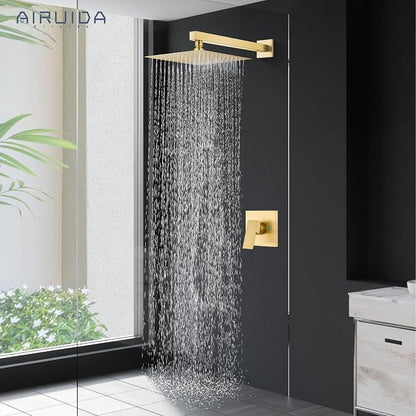 Airuida Shower Faucet Set,12 Inch Shower Valve Kit,Brushed Gold | Male Threads,Rough-in Valve Shower Trim Kit,Single Handle Control Shower Set