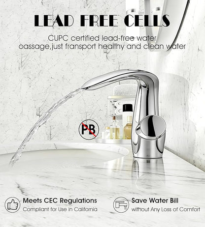 Elegant Alien Chrome Bathroom Sink Faucet Single Hole,AUU Chrome Polished Waterfall Vanity Sink Faucet Solid Brass,Single Handle Basin Tap with Pop Up Drian&Deck Plate