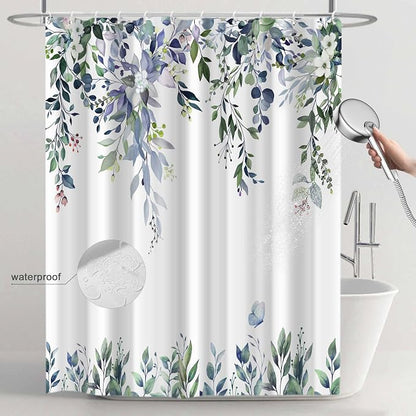 Dark Green Floral Eucalyptus Shower Curtain with Hooks, 72x72 Inch | Waterproof Fabric, Watercolor Leaves and Floral, Botanical Style, Machine Washable, Quick-Drying, for Hotel Bathroom