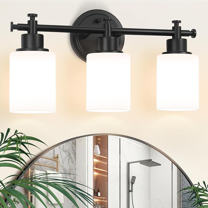 3 Light Black Bathroom Light Fixture, Modern Vanity Lights Over Mirror | Bathroom Wall Sconce with White Glass Shade, Modern Anti-Rust Vanity Light Fixture, Hardwired, E26(Bulbs Not Included)