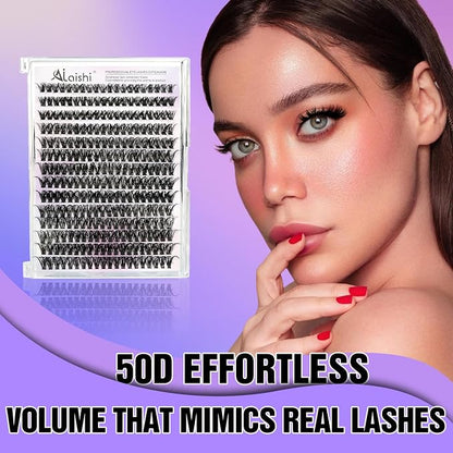 Lash Clusters DIY Cluster Eyelash Extensions 280pcs 9‑16mm 50D Fluffy D Curl Natural Volume Lashes–Waterproof Fake Cat Eye Individual Soft Lash Clusters（16MIX2-1-S）