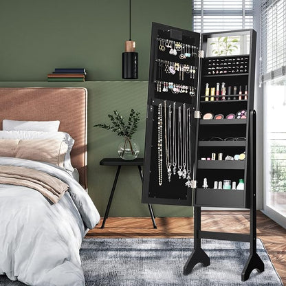 Moccha 18 LEDs Standing Jewelry Armoire, Large Lockable Jewelry Organizer, Mirrored Jewelry Cabinet with Full Length Mirror, 1 Inside Makeup Mirror, 4 Storage Shelves, 16 Lipstick Holders, Black