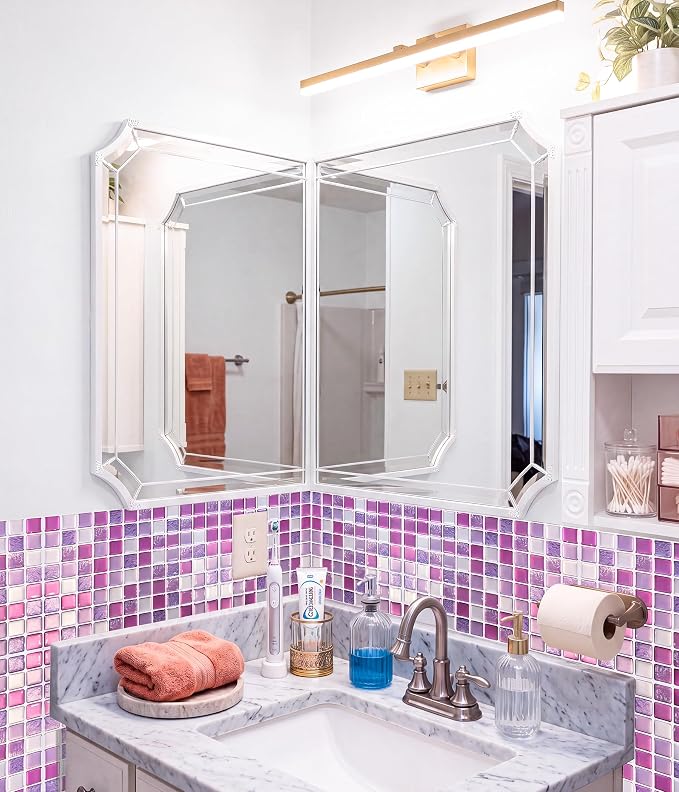 3D Mosaic Tile Sticker Removable Wallpaper Tile, 3D Self Adhesive Wall Tiles Bathroom Wall Tiles for Kitchen Backsplash Purplish Pink,PVC Square Decorative Vinyl Decals,4 Sheets