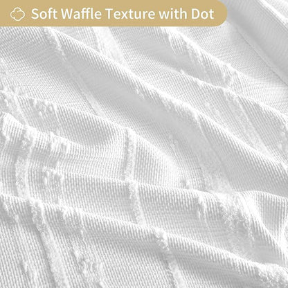 Extra Long White Shower Curtain Boho, 72 x 84 Cotton Blend Waffle Weave Stripe Textured Heavy Duty, Fabric Shower Curtain for Bathroom, Hotel, Washable