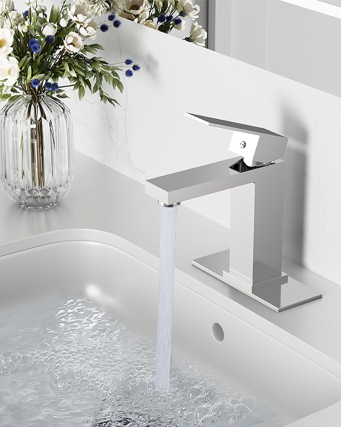 Midanya Bathroom Faucets 1 Hole, Single Handle Stainless Steel Bathroom Sink Faucet, Modern Vanity Faucets with Deck Plate,Water Supply Hoses and Pop Up Drain,Polish Chrome