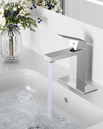 Midanya Bathroom Faucets 1 Hole, Single Handle Stainless Steel Bathroom Sink Faucet, Modern Vanity Faucets with Deck Plate,Water Supply Hoses and Pop Up Drain,Polish Chrome