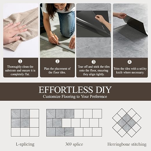 DEXDE Peel and Stick Floor Tile Grey Marble Waterproof 2FTx2FT 20 PC | Waterproof Self-adhesive Vinyl Floor Tiles, 80 Sq.Ft (20 Large 24x24 Pack), Vinyl Flooring for Bathroom Kitchen DIY Upgrades