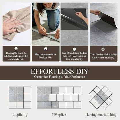 DEXDE Peel and Stick Floor Tile Grey Marble Waterproof Vinyl 2FTx2FT 10 PC | Waterproof Self-adhesive Vinyl Tiles, 40 Sq.Ft (10 Large 24x24 Pack), Vinyl Flooring for Bathroom Kitchen DIY Upgrades