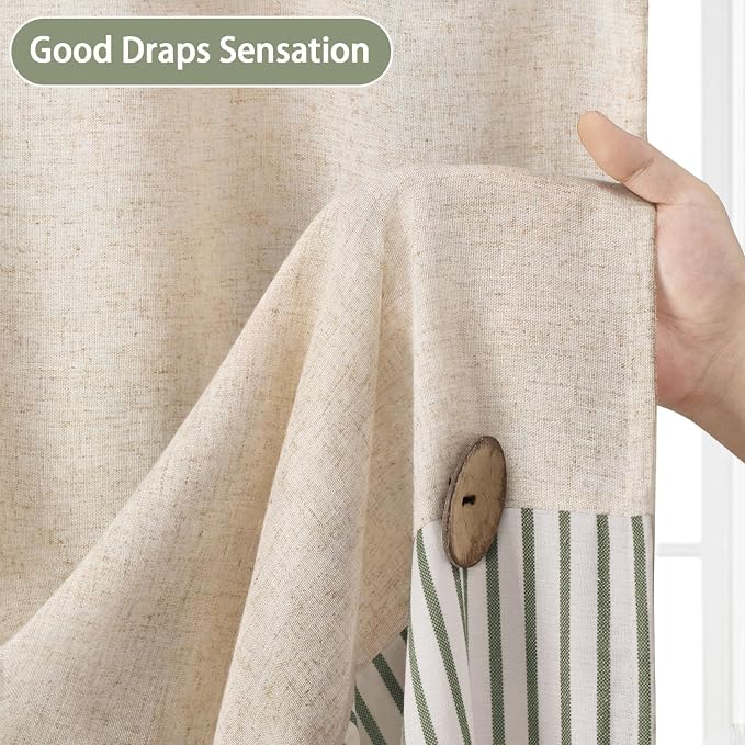 Farmhouse Shower Curtain Linen Button Green Stripe 72" W x 84" L | Farmhouse Style, Chic Button, Striped, Linen Fabric, Rustic, Country, Natural Look, Washable, for Bathroom Bathtub