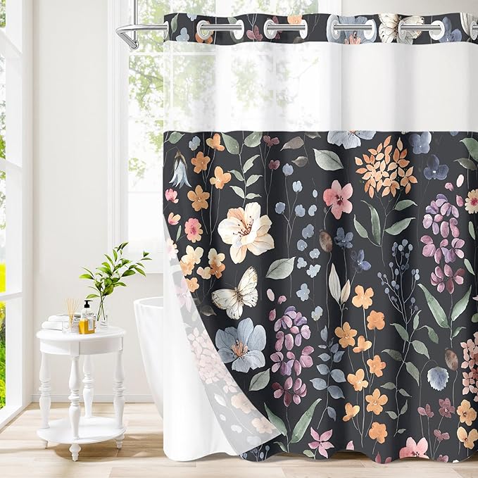 Litabel No Hook Black Watercolor Floral Shower Curtain and Liner Set, 72x86 | Flower Shower Curtains with Snap-in Liner for Farmhouse Bathroom Decor, Botanical Bathroom Curtain with Leaves