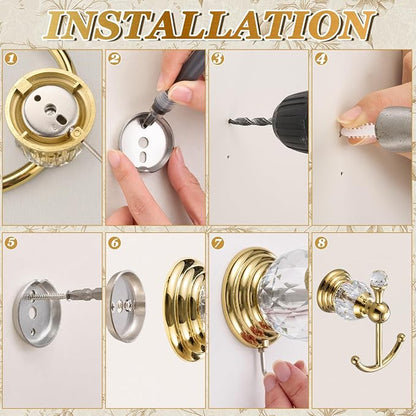 4 Pcs Polished Gold Crystal Bathroom Accessories Set with Adjustable Towel Bar & Semicircular Towel Ring & Toilet Paper Holder & Robe Hook, Luxury Vintage Bath Hardware Fixture Set (style 9)