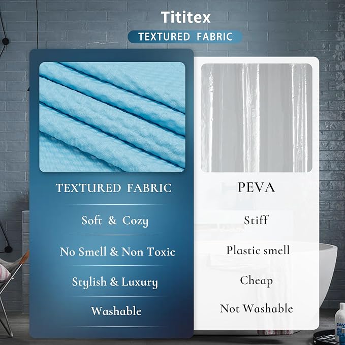 Tititex Solid Sky Blue Cloth Fabric Shower Curtain Liner with 2 Magnets - Texture Soft Hotel Quality Waterproof Shower Liner, Light-Weight & Machine Washable 72x72 inch