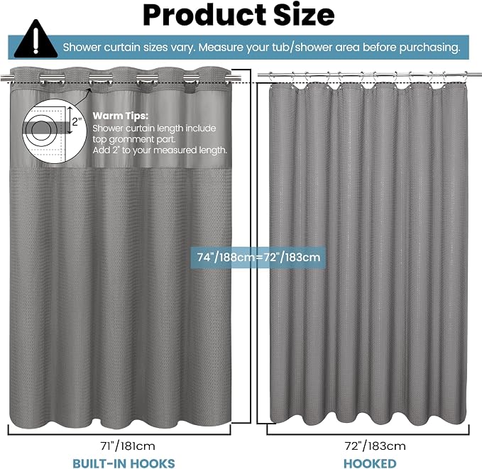 SORTTO No Hook Shower Curtain with Snap in Liner Set Waffle Shower Curtain for Bathroom Hotel Style Fabric Waterproof Inner Liner，71" W x 74" H, Grey