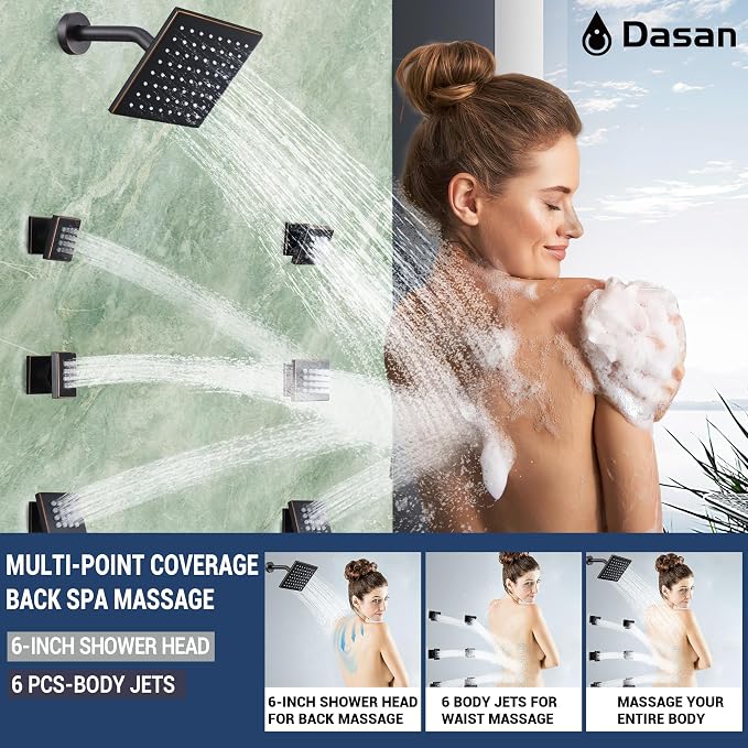 Dasan Thermostatic Dual Shower Head System with 6 Body Jets, 6-Inch Shower & 16” Rainfall Shower, Luxury Oil Rubbed Bronze Shower Faucet Set Tandem Rain Shower Head System for Couples/2-Person