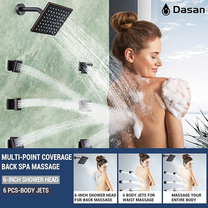 Dasan Thermostatic Dual Shower Head System with 6 Body Jets, 6-Inch Shower & 16” Rainfall Shower, Luxury Oil Rubbed Bronze Shower Faucet Set Tandem Rain Shower Head System for Couples/2-Person