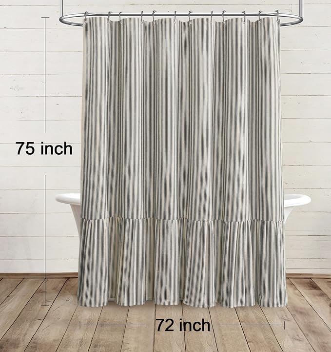 Farmhouse Shower Curtain Ruffle Linen Cream-Black Stripe 72"W x 75"L | Farmhouse Boho, Striped, Bottom Ruffle, Linen Fabric, Rustic, Country, Natural Look, Washable, for Bathroom Bathtub