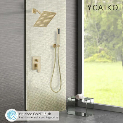 Brushed Gold Shower System, 8 Inch High Pressure Rain Shower with Handheld, Wall Mount Shower Faucet Set for Bathroom, Rough-in Valve Body and Trim Included